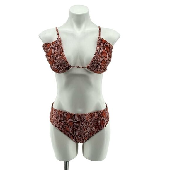 SHEIN Women’s Brown Snakeskin Print 3-Piece Swimsuit Backless Bikini Large - Picture 2 of 16